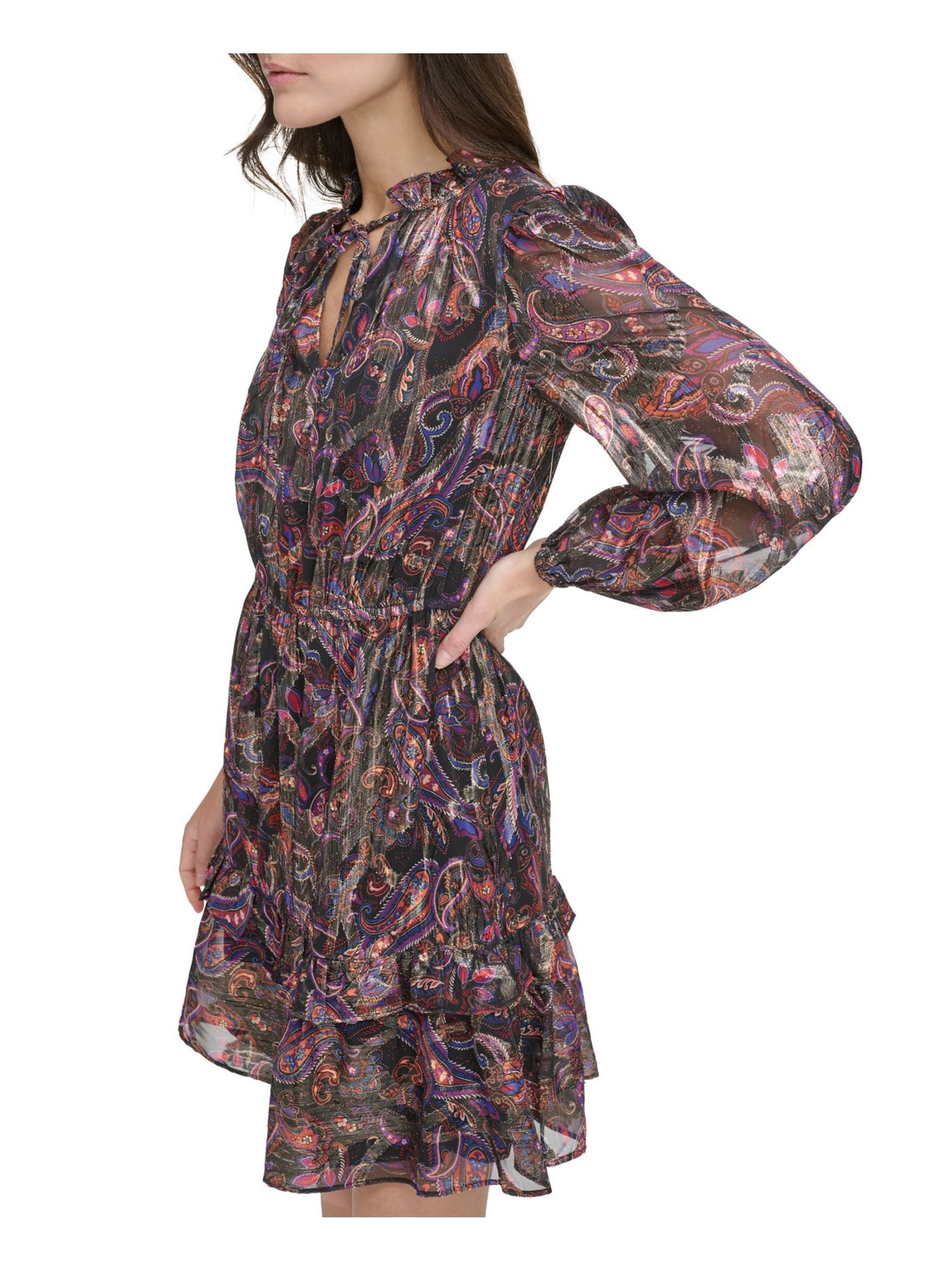 VINCE CAMUTO Womens Black Tie Metallic Lined Ruffled Pull-on Paisley Long Sleeve Split Short Fit + Flare Dress Petites 2P