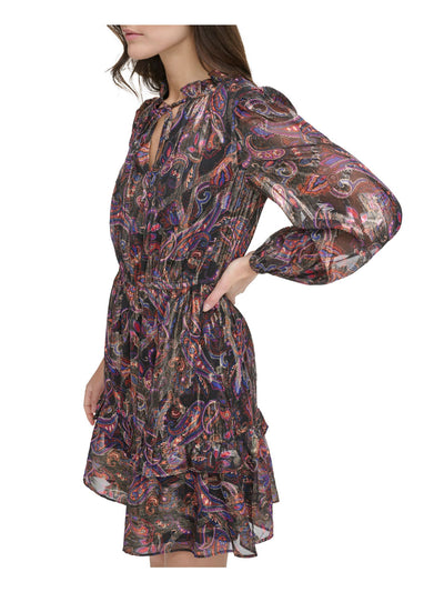 VINCE CAMUTO Womens Black Tie Metallic Lined Ruffled Pull-on Paisley Long Sleeve Split Short Fit + Flare Dress Petites 2P