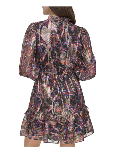 VINCE CAMUTO Womens Black Tie Metallic Lined Ruffled Pull-on Paisley Long Sleeve Split Short Fit + Flare Dress Petites 2P