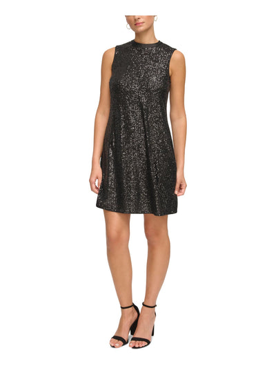 KENSIE DRESSES Womens Black Sequined Lined Ribbon Tie Keyhole Back Sleeveless Mock Neck Short Party Shift Dress 4