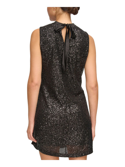 KENSIE DRESSES Womens Black Sequined Lined Ribbon Tie Keyhole Back Sleeveless Mock Neck Short Party Shift Dress 4