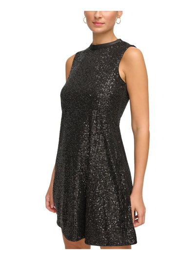 KENSIE DRESSES Womens Black Sequined Lined Ribbon Tie Keyhole Back Sleeveless Mock Neck Short Party Shift Dress 4
