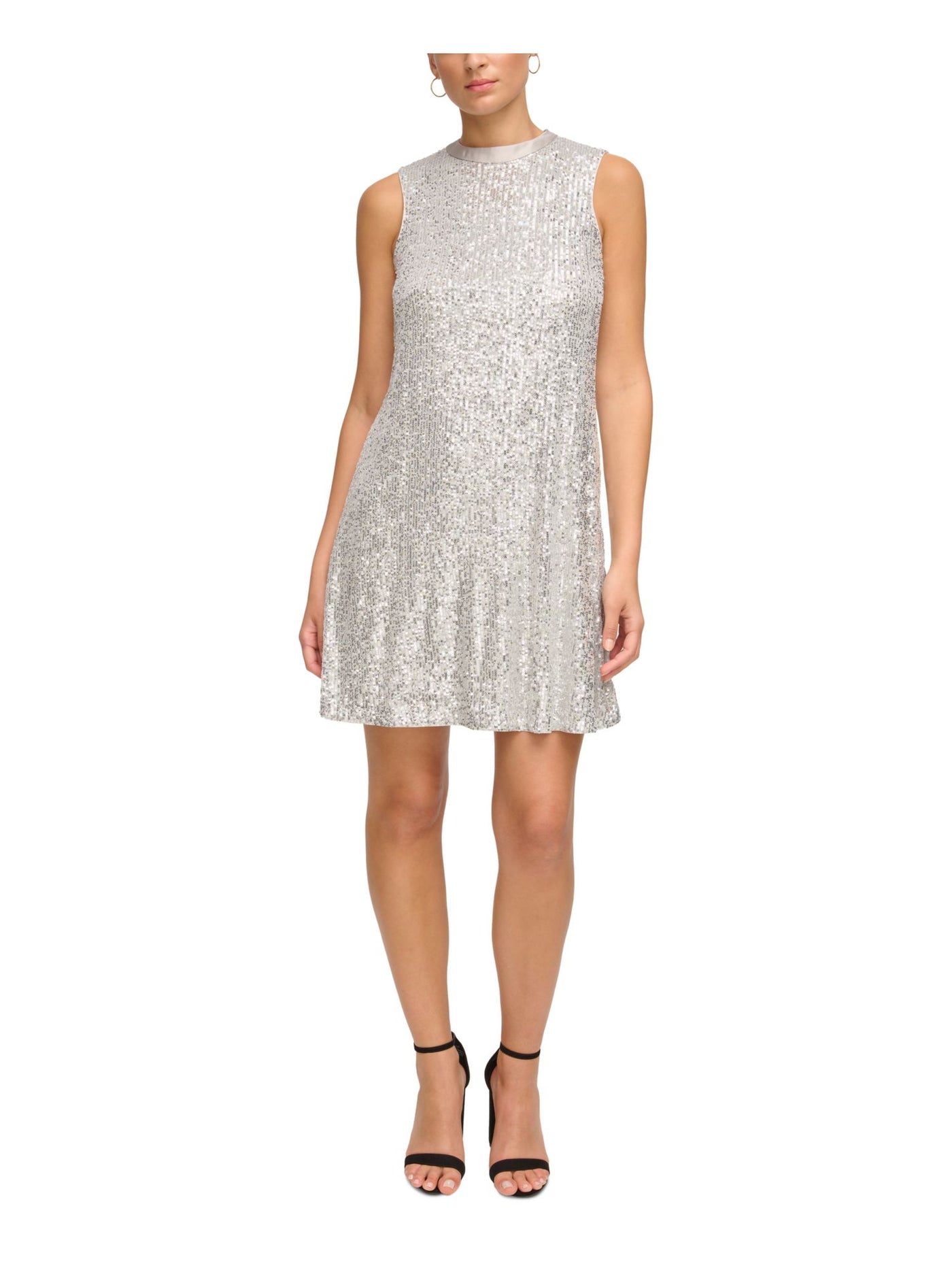 KENSIE DRESSES Womens Silver Sequined Lined Ribbon Tie Sleeveless Mock Neck Short Cocktail Shift Dress 6