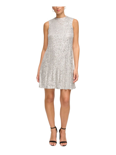 KENSIE DRESSES Womens Silver Sequined Lined Ribbon Tie Sleeveless Mock Neck Short Cocktail Shift Dress 6