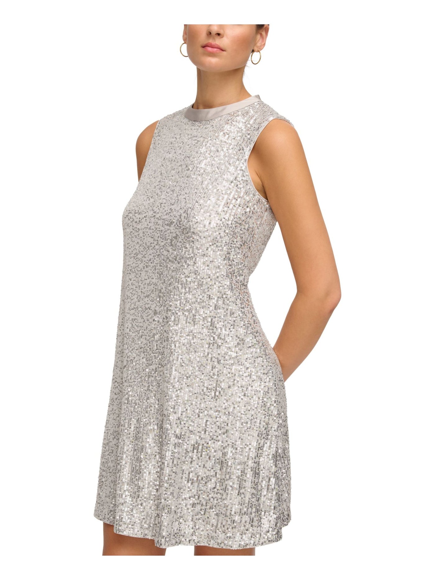 KENSIE DRESSES Womens Silver Sequined Lined Ribbon Tie Sleeveless Mock Neck Short Cocktail Shift Dress 6