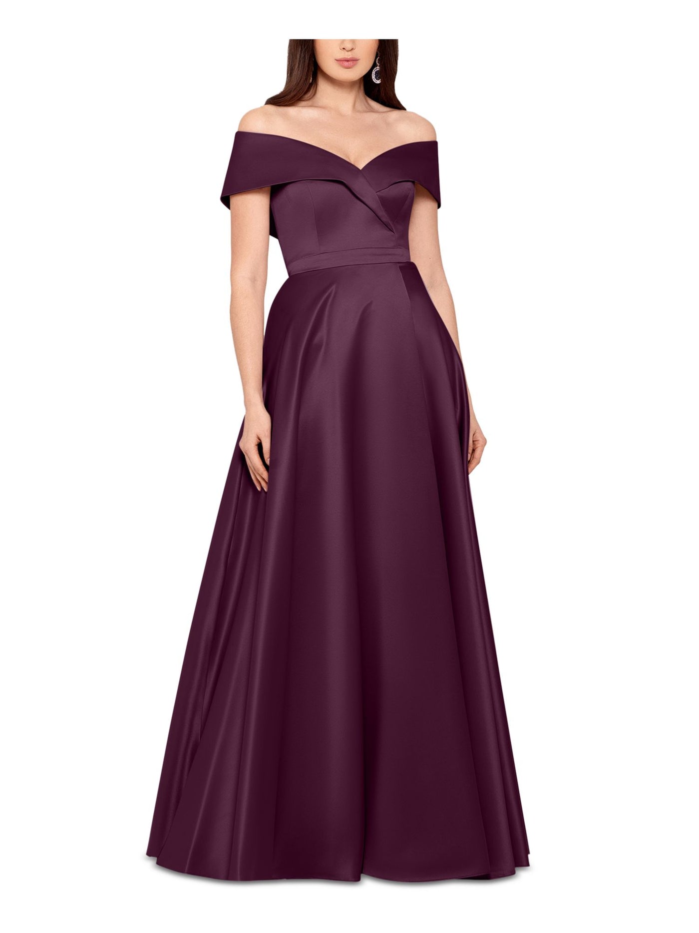 XSCAPE Womens Burgundy Zippered Pocketed Faux-wrap Skirt Lined Short Sleeve Off Shoulder Full-Length Formal Gown Dress 6