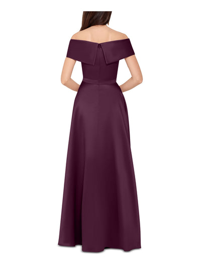 XSCAPE Womens Burgundy Zippered Pocketed Faux-wrap Skirt Lined Short Sleeve Off Shoulder Full-Length Formal Gown Dress 6