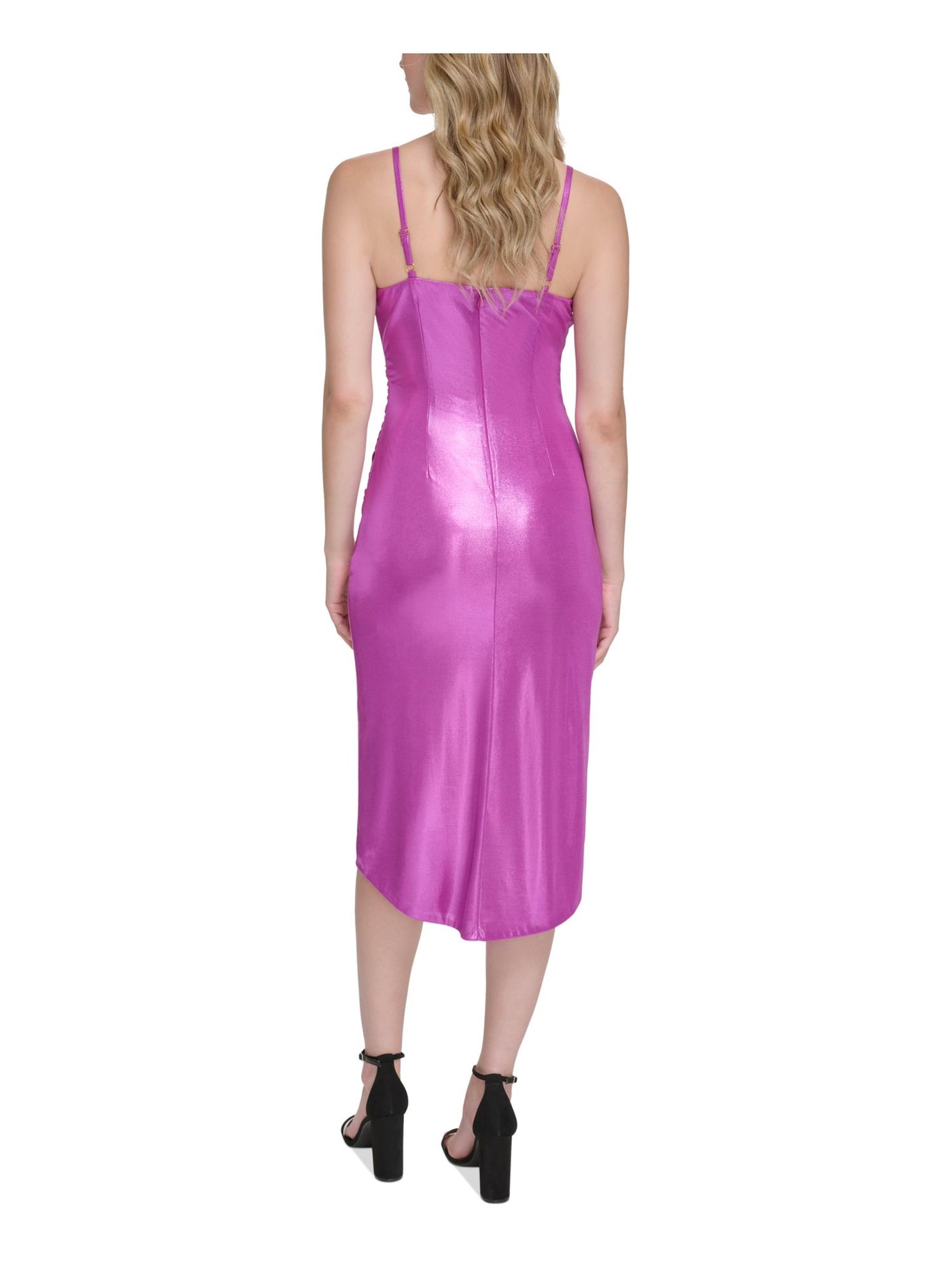 GUESS Womens Pink Ruched Zippered Overlap Skirt Tulip Hem Lined Spaghetti Strap Cowl Neck Midi Party Sheath Dress 8