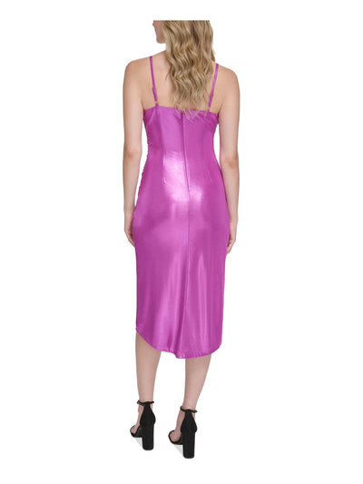 GUESS Womens Pink Ruched Zippered Overlap Skirt Tulip Hem Lined Spaghetti Strap Cowl Neck Midi Party Sheath Dress 8