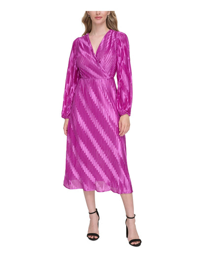 KENSIE DRESSES Womens Pink Pleated Zippered Crisscross V-back Lined Long Sleeve Surplice Neckline Midi Party Sheath Dress 8
