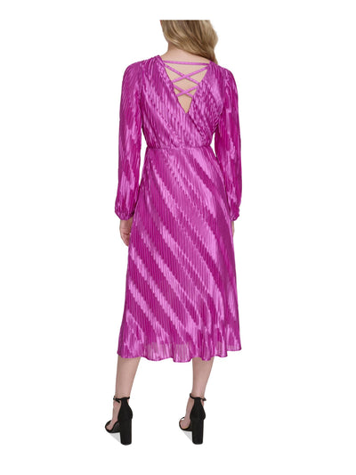 KENSIE DRESSES Womens Pink Pleated Zippered Crisscross V-back Lined Long Sleeve Surplice Neckline Midi Party Sheath Dress 8
