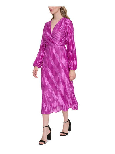 KENSIE DRESSES Womens Pink Pleated Zippered Crisscross V-back Lined Long Sleeve Surplice Neckline Midi Party Sheath Dress 8