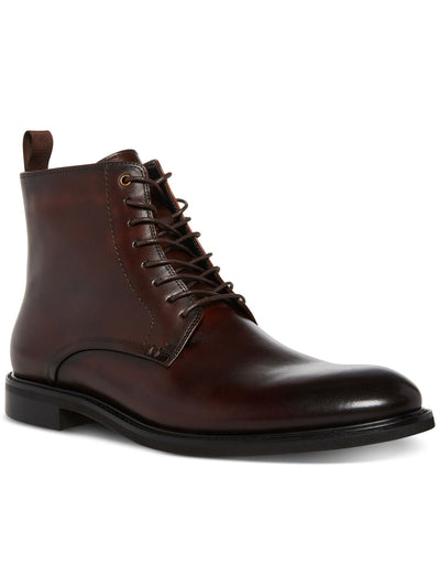 STEVE MADDEN Mens Brown Lace-Up Front Heel Pull-Tab Padded Yenith Round Toe Block Heel Zip-Up Leather Boots Shoes 10 M