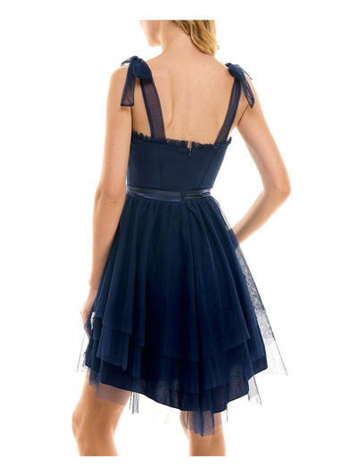CITY STUDIO Womens Navy Mesh Pleated Zippered Corset-style Bodice Hi-lo Hem Sleeveless Sweetheart Neckline Above The Knee Party Fit + Flare Dress Juniors 7\8