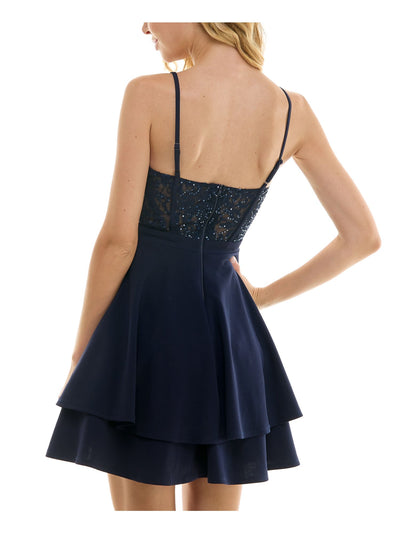 CITY STUDIO Womens Navy Zippered Lined Padded Bust Layered Skirt Spaghetti Strap Square Neck Short Party Fit + Flare Dress Juniors 13\14