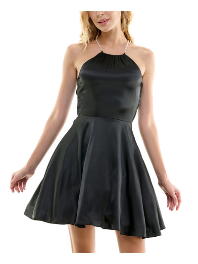 CITY STUDIO Womens Black Zippered Lined Imitation-pearl X-back Strap Sleeveless Halter Short Party Fit + Flare Dress Juniors 9\10