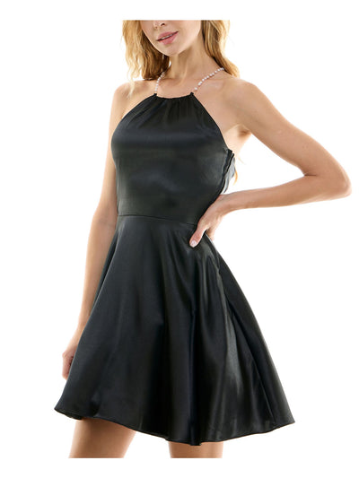 CITY STUDIO Womens Black Zippered Lined Imitation-pearl X-back Strap Sleeveless Halter Short Party Fit + Flare Dress Juniors 9\10