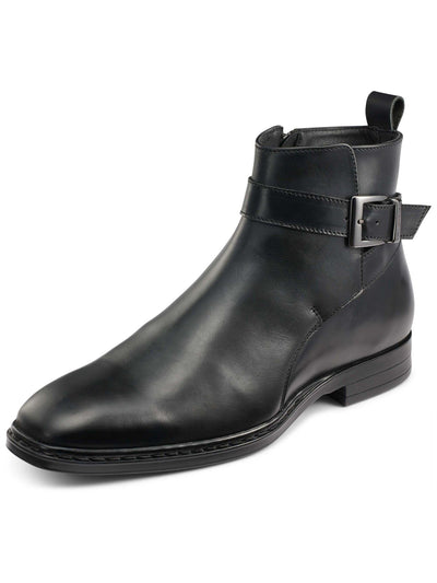 KARL LAGERFELD Mens Black Buckled Strap Heel Pull-Tab Padded Round Toe Block Heel Zip-Up Leather Boots Shoes 9.5