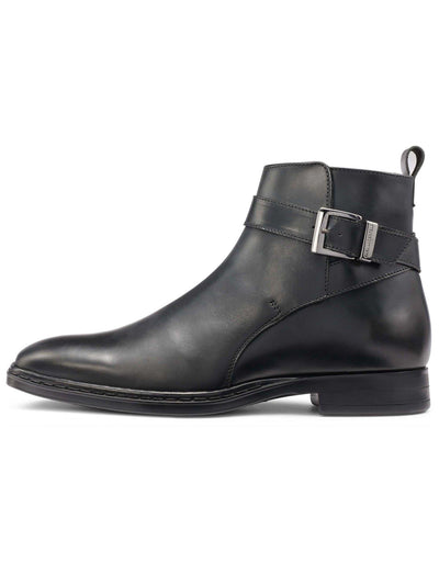 KARL LAGERFELD Mens Black Buckled Strap Heel Pull-Tab Padded Round Toe Block Heel Zip-Up Leather Boots Shoes 9.5