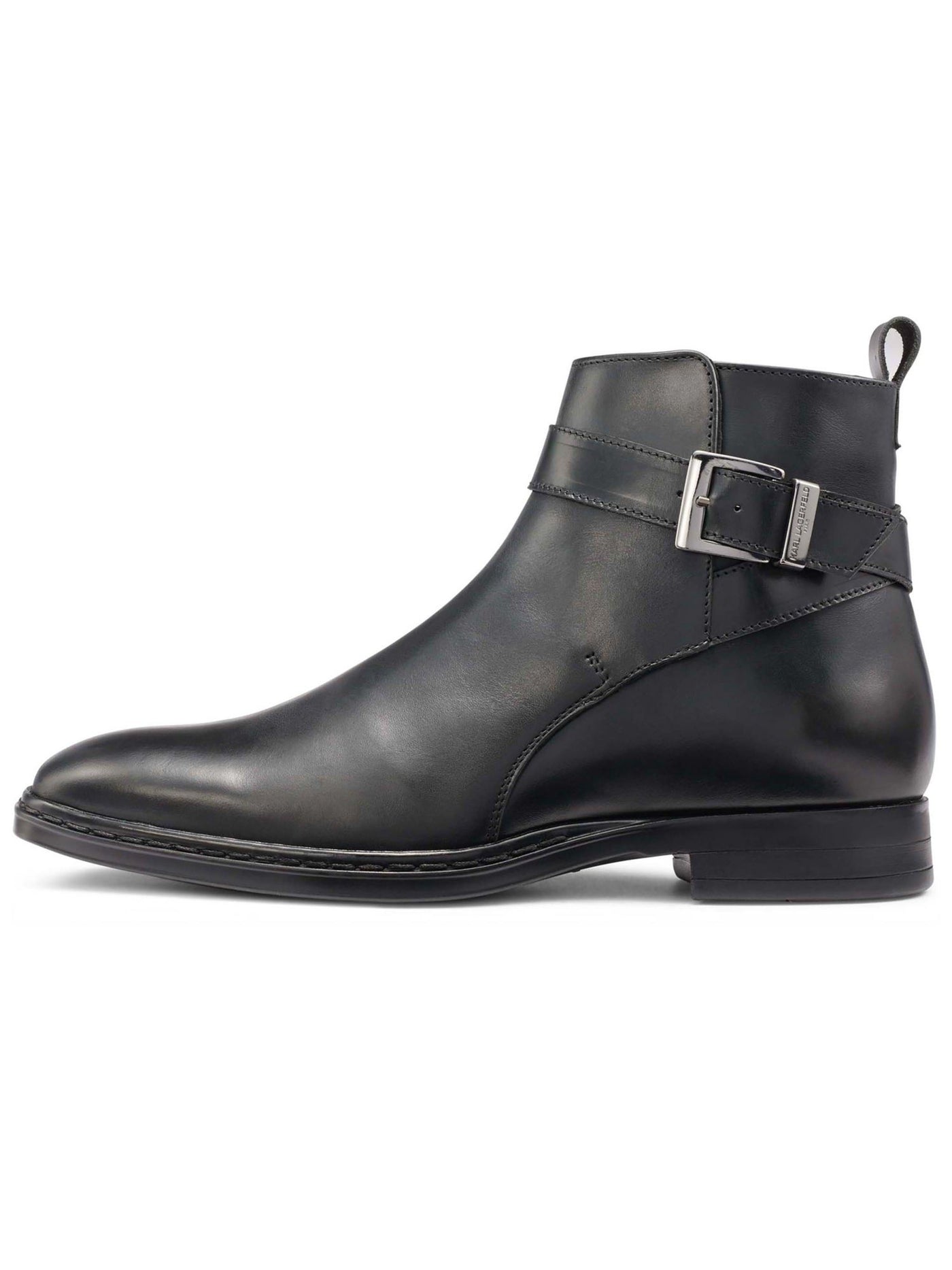 KARL LAGERFELD Mens Black Buckled Strap Heel Pull-Tab Padded Round Toe Block Heel Zip-Up Leather Boots Shoes 10.5