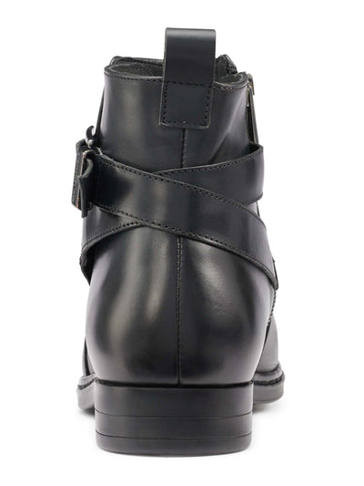 KARL LAGERFELD Mens Black Buckled Strap Heel Pull-Tab Padded Round Toe Block Heel Zip-Up Leather Boots Shoes 9.5