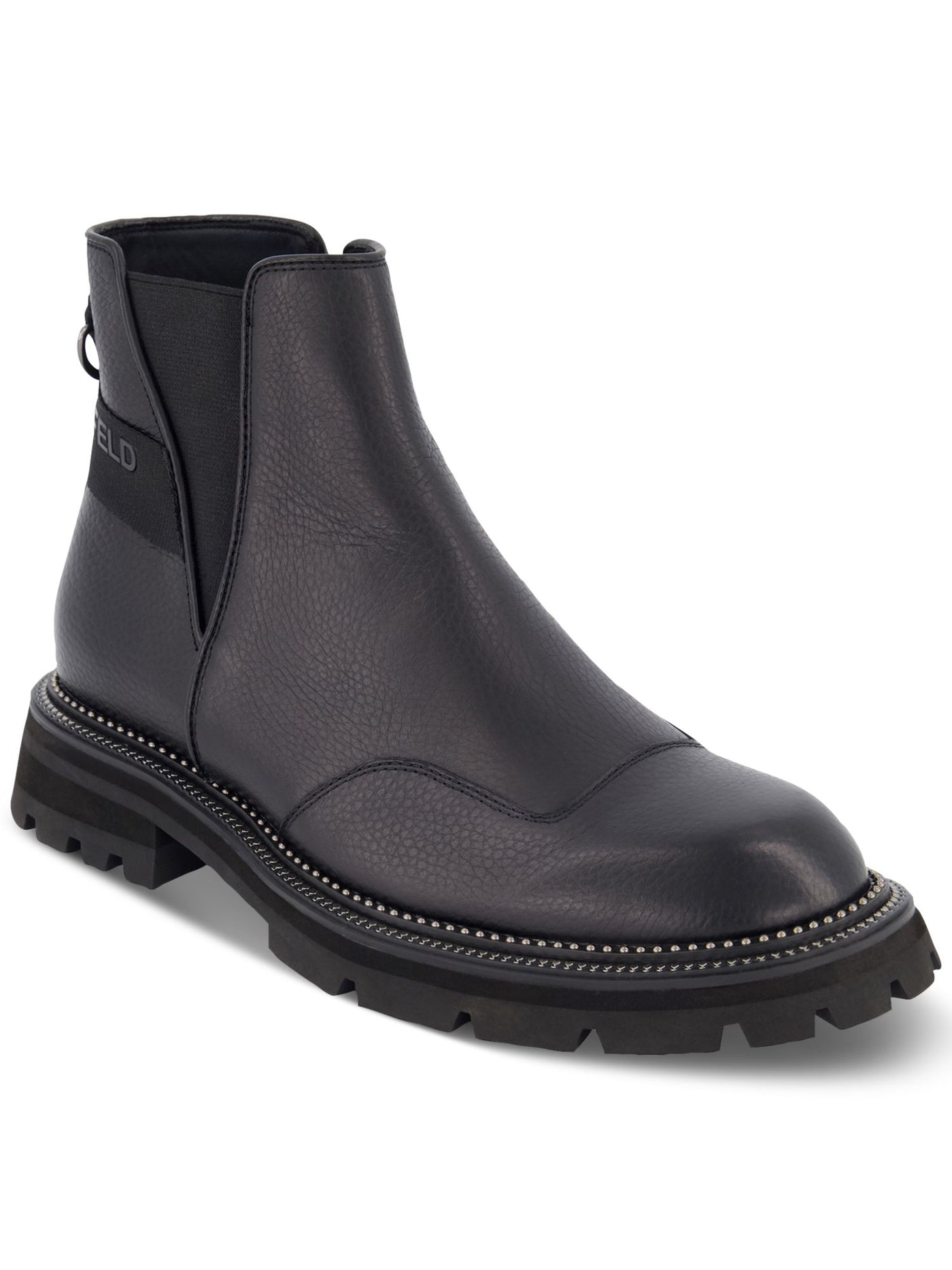 KARL LAGERFELD PARIS Mens Black Heel Strap Studded Back Pull-Ring Goring Padded Round Toe Block Heel Zip-Up Chelsea Boot 11.5 M