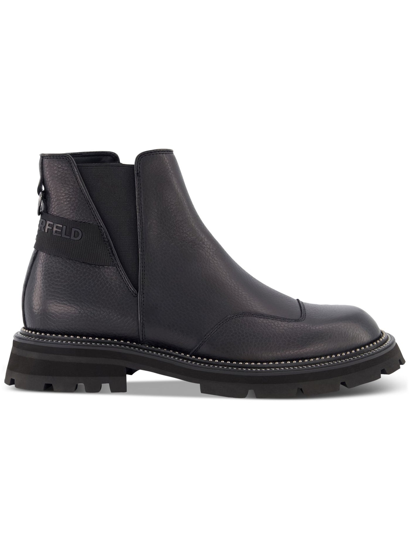 KARL LAGERFELD PARIS Mens Black Heel Strap Studded Back Pull-Ring Goring Padded Round Toe Block Heel Zip-Up Chelsea Boot 8 M