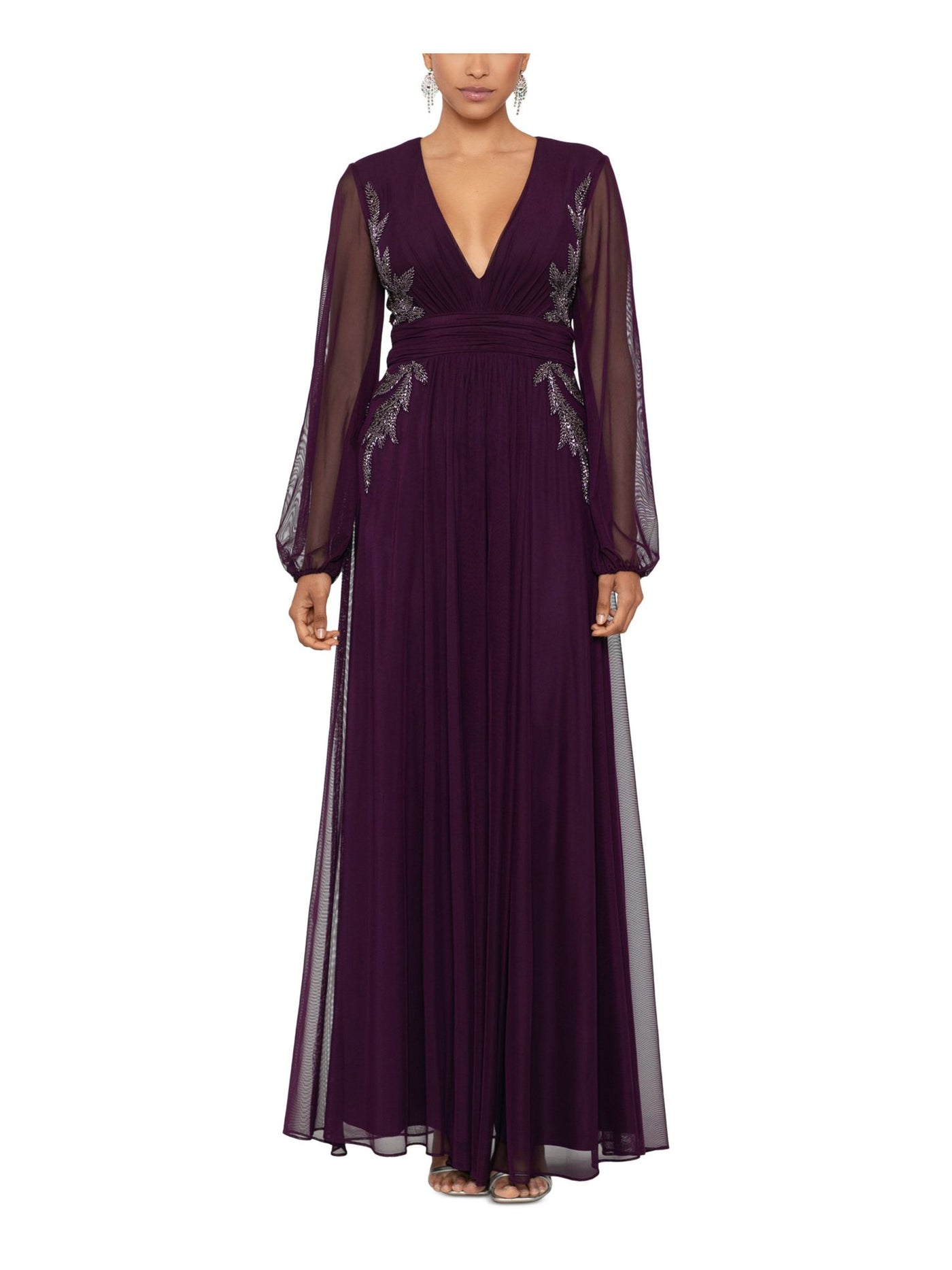 BETSY & ADAM Womens Purple Ruched Zippered Side-beaded Lined Long Sleeve V Neck Full-Length Formal Gown Dress Petites 4P