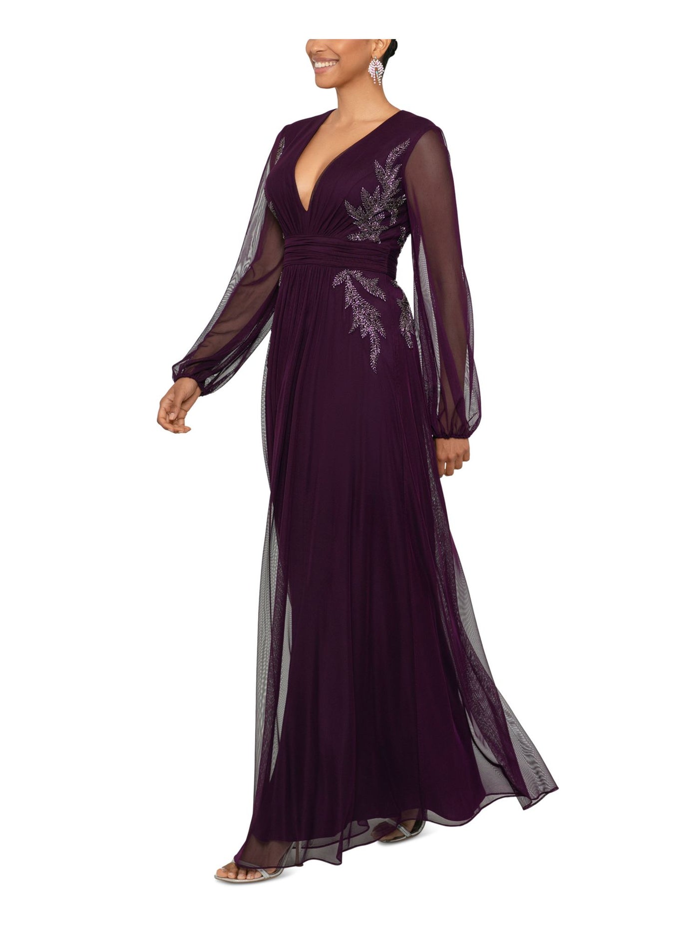 BETSY & ADAM Womens Purple Ruched Zippered Side-beaded Lined Long Sleeve V Neck Full-Length Formal Gown Dress Petites 4P