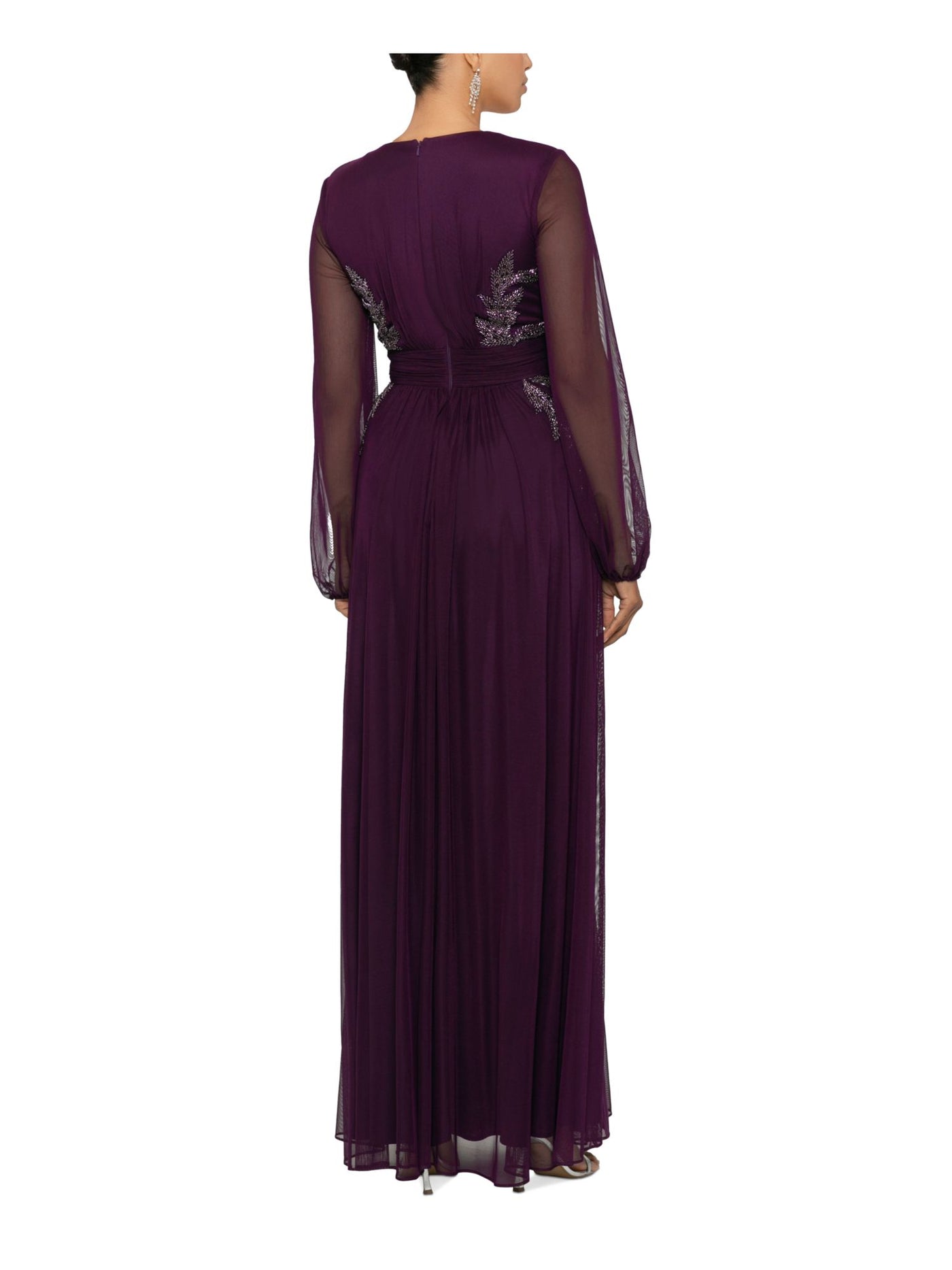 BETSY & ADAM Womens Purple Ruched Zippered Side-beaded Lined Long Sleeve V Neck Full-Length Formal Gown Dress Petites 4P