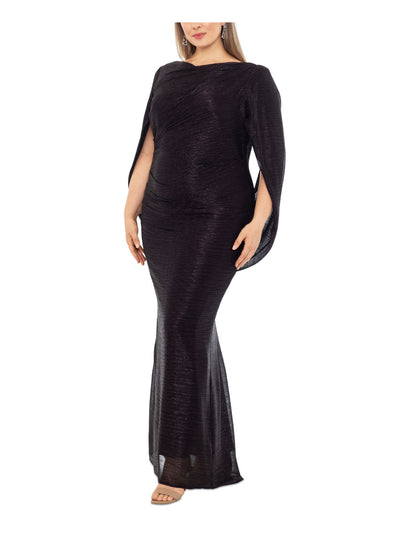 BETSY & ADAM Womens Black Pleated Zippered Cape-sleeves Drape Back Lined Boat Neck Full-Length Formal Sheath Dress 22W