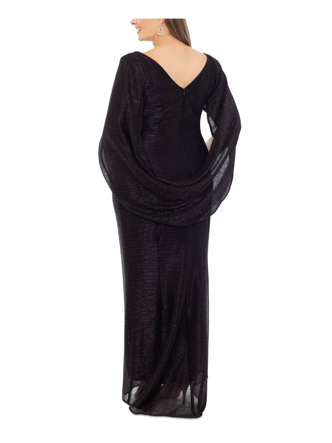 BETSY & ADAM Womens Black Pleated Zippered Cape-sleeves Drape Back Lined Boat Neck Full-Length Formal Sheath Dress 22W