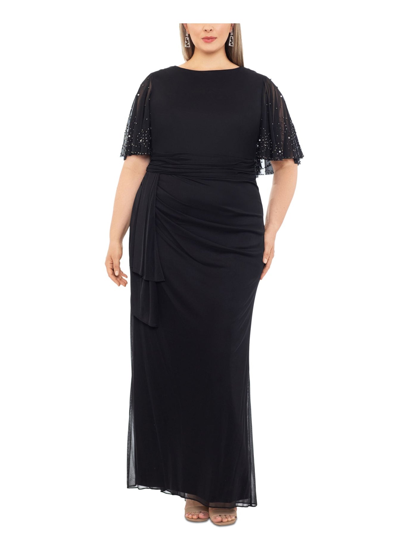 BETSY & ADAM Womens Black Embellished Zippered V-back Ruched Draped Detail Flutter Sleeve Round Neck Full-Length Evening Sheath Dress Plus 18W