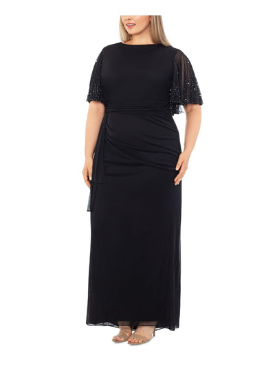 BETSY & ADAM Womens Black Embellished Zippered V-back Ruched Draped Detail Flutter Sleeve Round Neck Full-Length Evening Sheath Dress Plus 18W