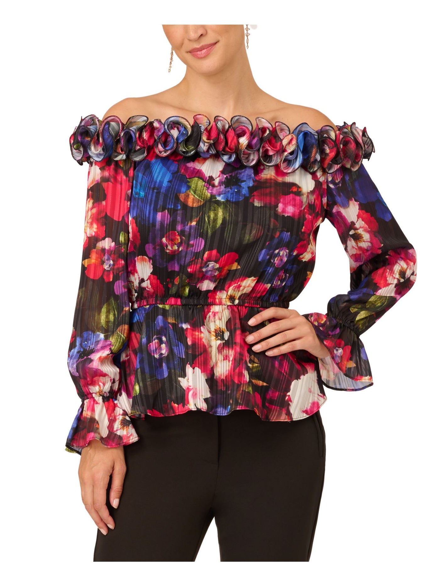 ADRIANNA PAPELL Womens Black Ruffled Ruched Elastic Waist Lined Floral Long Sleeve Off Shoulder Party Top 2