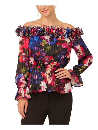 ADRIANNA PAPELL Womens Black Ruffled Ruched Elastic Waist Lined Floral Long Sleeve Off Shoulder Party Top 2