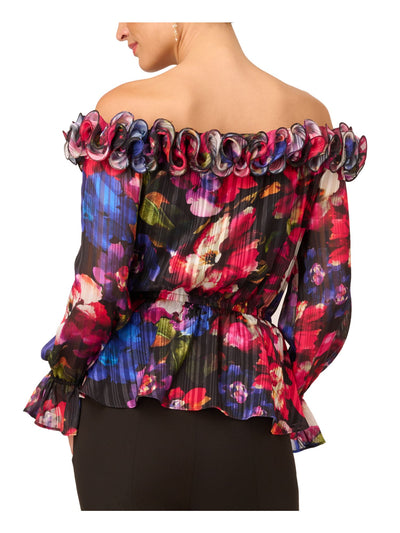 ADRIANNA PAPELL Womens Black Ruffled Ruched Elastic Waist Lined Floral Long Sleeve Off Shoulder Party Top 2