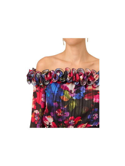 ADRIANNA PAPELL Womens Black Ruffled Ruched Elastic Waist Lined Floral Long Sleeve Off Shoulder Party Top 2