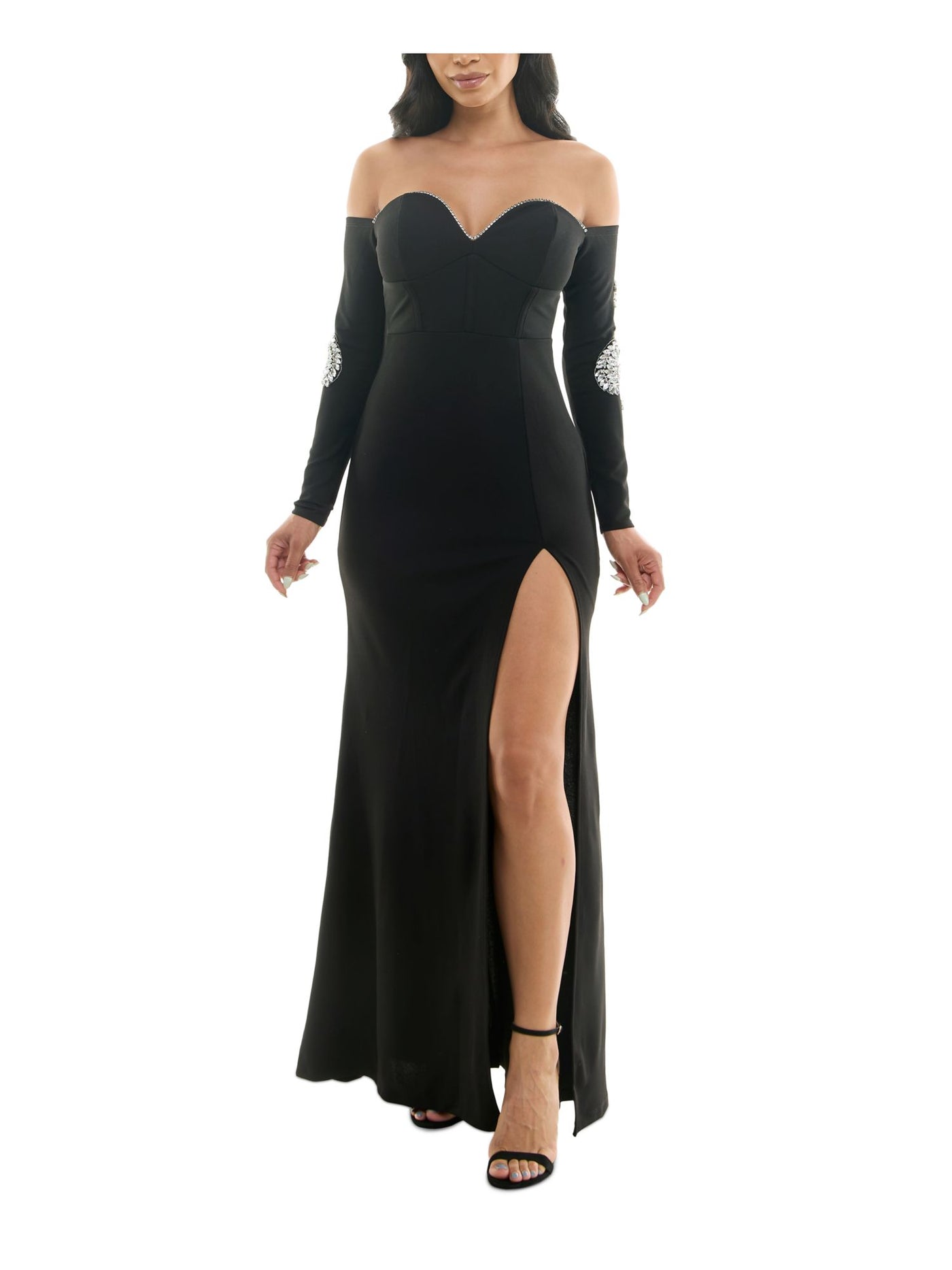 EMERALD SUNDAE Womens Black Embellished Zippered Ruched Cold Shoulder Slit Lined Long Sleeve Sweetheart Neckline Full-Length Formal Mermaid Dress Juniors XS