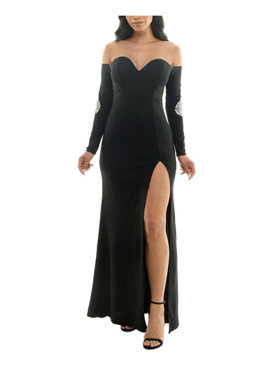 EMERALD SUNDAE Womens Black Embellished Zippered Ruched Cold Shoulder Slit Lined Long Sleeve Sweetheart Neckline Full-Length Formal Mermaid Dress Juniors XS