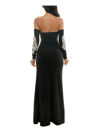 EMERALD SUNDAE Womens Black Embellished Zippered Ruched Cold Shoulder Slit Lined Long Sleeve Sweetheart Neckline Full-Length Formal Mermaid Dress Juniors XS