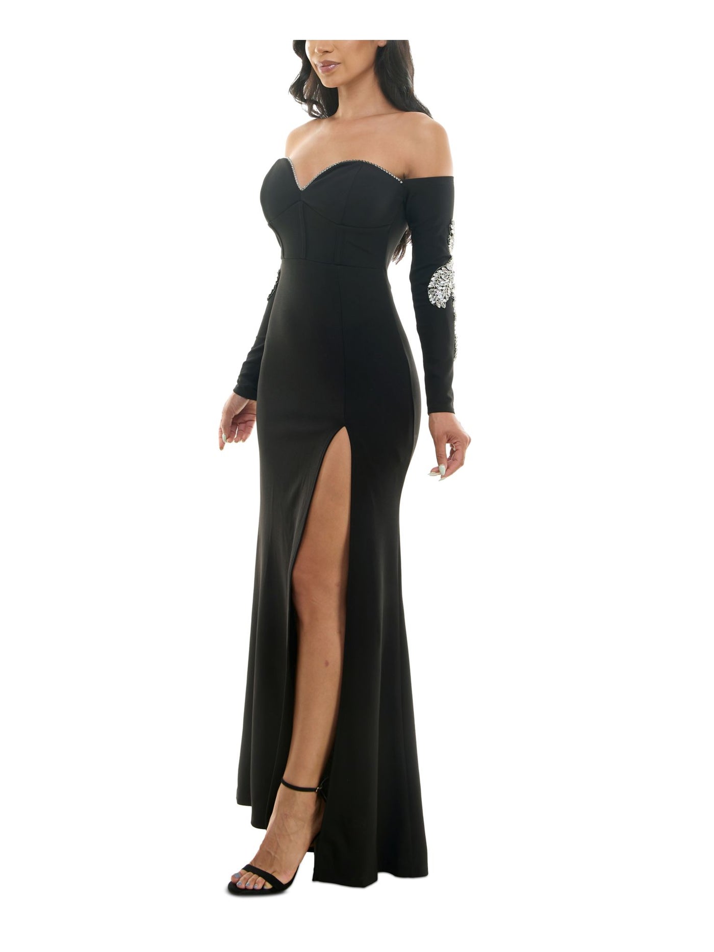 EMERALD SUNDAE Womens Black Embellished Zippered Ruched Cold Shoulder Slit Lined Long Sleeve Sweetheart Neckline Full-Length Formal Mermaid Dress Juniors XS