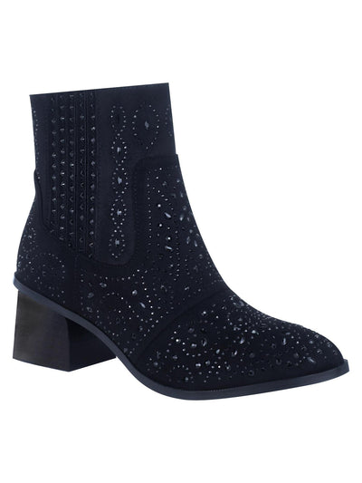 IMPO Womens Black Cushioned Rhinestone Goring Jackie Almond Toe Block Heel Zip-Up Western Boot 9 M
