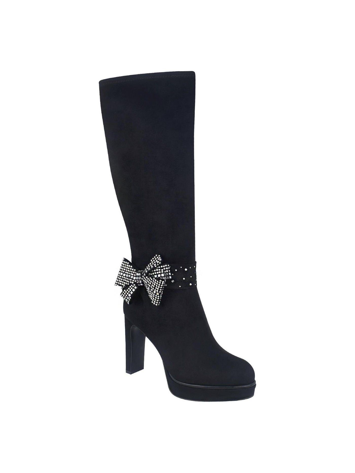 IMPO Womens Black Bow Accent Rhinestone Onneli Almond Toe Block Heel Zip-Up Heeled Boots 7 M