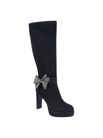 IMPO Womens Black Bow Accent Rhinestone Onneli Almond Toe Block Heel Zip-Up Heeled Boots 8 M