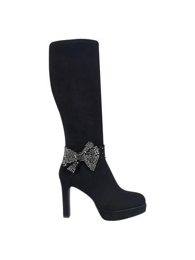 IMPO Womens Black Bow Accent Rhinestone Onneli Almond Toe Block Heel Zip-Up Heeled Boots 9.5 M