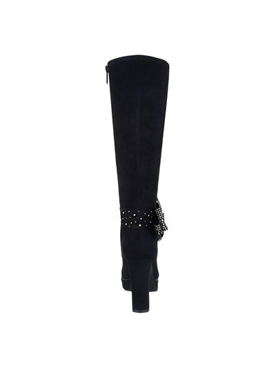 IMPO Womens Black Bow Accent Rhinestone Onneli Almond Toe Block Heel Zip-Up Heeled Boots 7 M