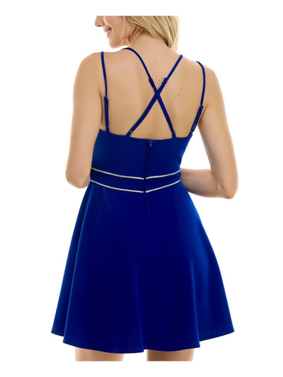 B DARLIN Womens Blue Zippered Crisscross Back Straps Sleeveless V Neck Short Party Fit + Flare Dress Juniors 15\16