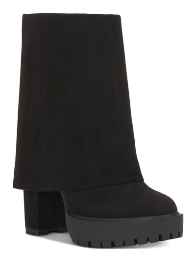 INC Womens Black 1" Platform Cuffed Overlay Lightweight Slip Resistant Treaded Cushioned Breathable Acelina Round Toe Zip-Up Heeled Boots 8 M