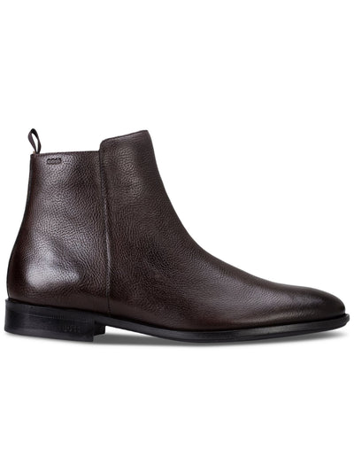 BOSS Mens Brown Heel Pull-Tab Padded Hugo Boss Colby Round Toe Block Heel Zip-Up Leather Booties 10